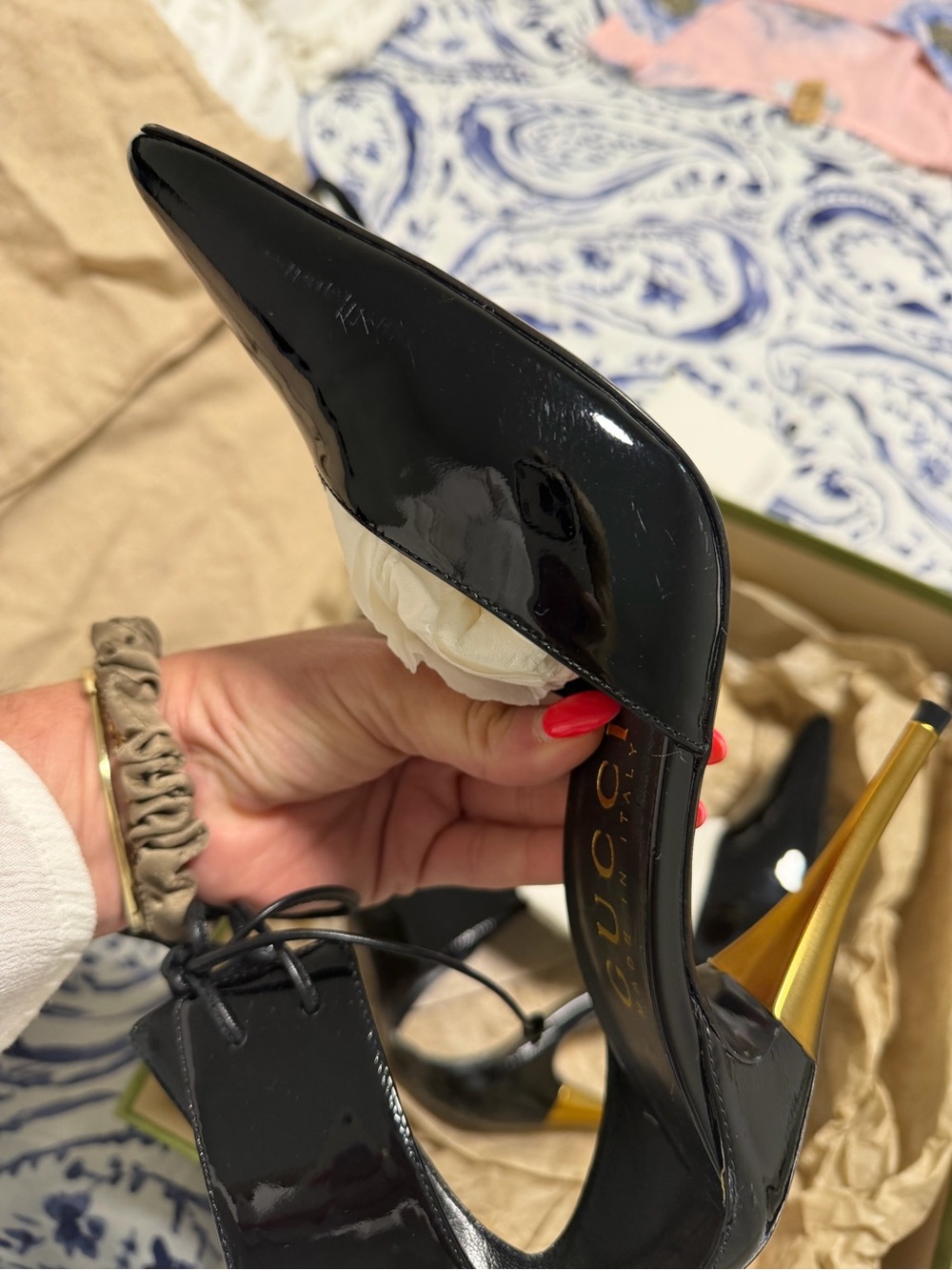 Gucci Black Patent Pointed Lace-Up Ankle Stilettos - Picture 6 of 11